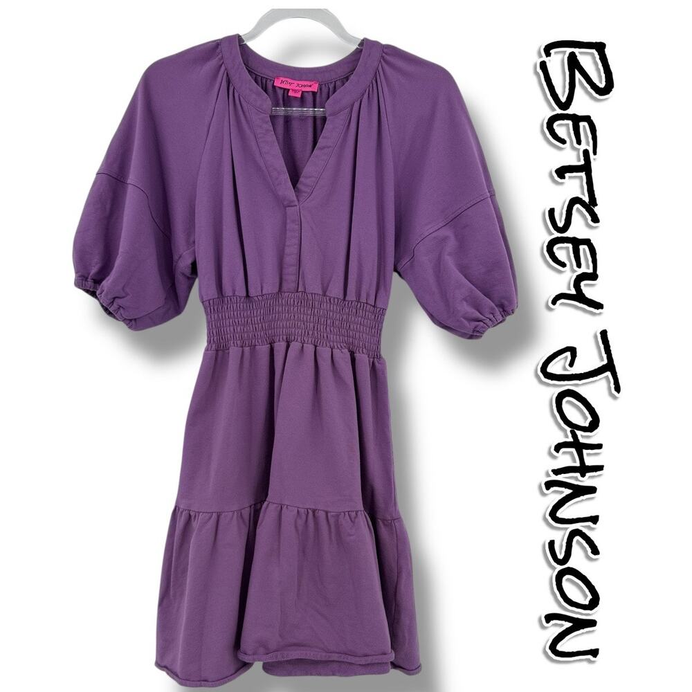 Betsey Johnson Purple Smocked Waist Puff Sleeve Cotton Mini Dress Womens Size S